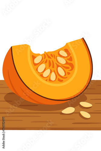 A close-up of a sliced pumpkin with seeds against a wooden backdrop