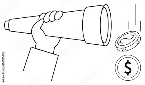 Hand gripping telescope aimed at future, coins representing monetary goals or profits. Ideal for finance, investment, planning, strategy, foresight, opportunity and wealth concepts. Simple flat