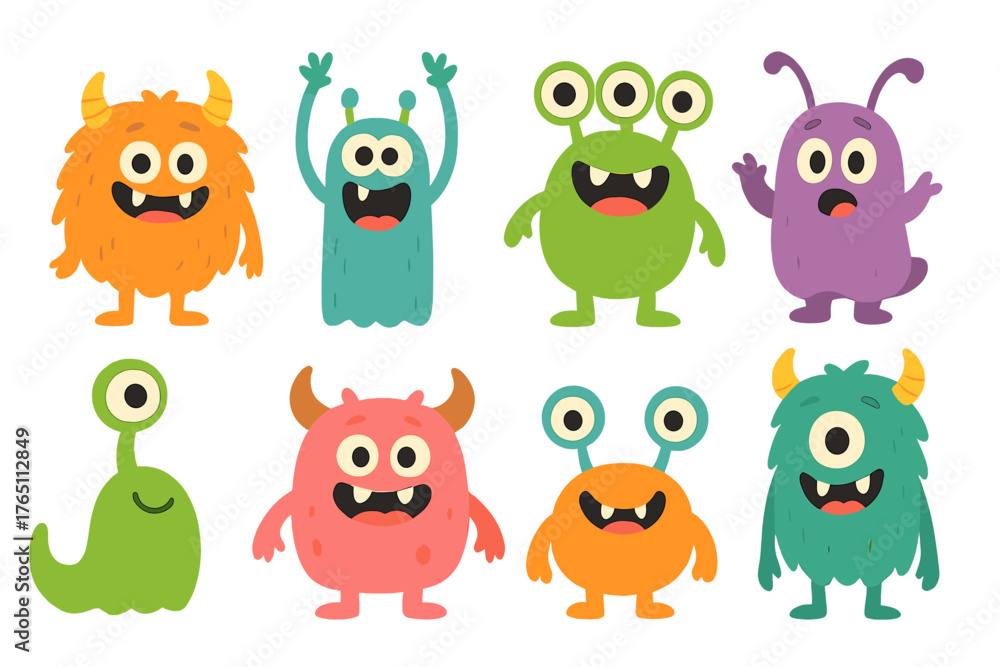 Fototapeta premium A set of vibrant and humorous monster characters, each boasting distinct expressions and traits, ideal for children's illustrations