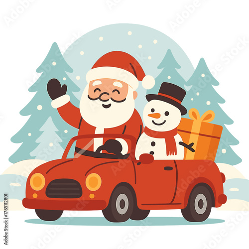 A Christmas card featuring Santa Claus in a red sleigh, a gift box, and a snowman set against a winter forest backdrop