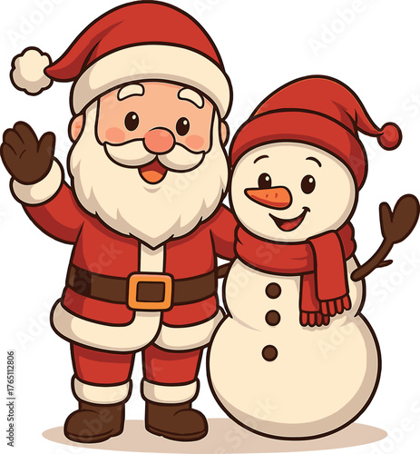 A cheerful Santa Claus, accompanied by a playful snowman waving and greeting, stands alone on a white background, celebrating winter and New Year holidays as a joyful cartoon character