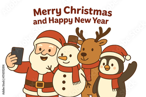 Santa Claus and friends are online, live, or chatting on smartphones—Merry Christmas and Happy New Year