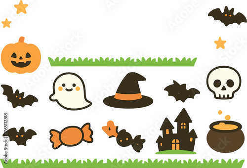 ハロウィンのかわいいフレーム、アイコンセット　日本語テキスト、ベクターイラスト、白バック、あしらい、草ブラシ