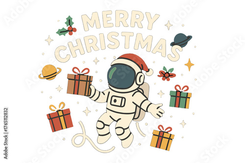 Season's greetings from space, featuring an astronaut and holiday presents