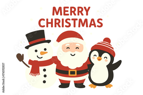 A Christmas card featuring a snowman, Santa Claus, and a penguin design