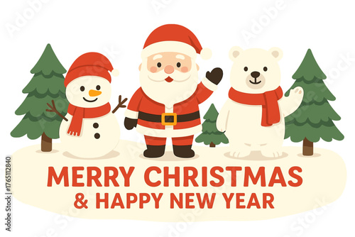 A 3D Merry Christmas and Happy New Year banner featuring a snowman, Santa Claus, a polar bear, and Christmas trees against a snowy backdrop, suitable for greeting cards, kid wallpapers, and party