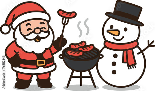 adorable Santa Claus and snowman at a Christmas BBQ vector illustration EPS