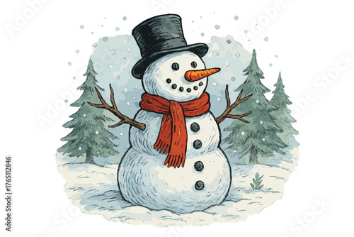 An ink and watercolor illustration of a snowman in winter, wearing a black hat and red scarf, featuring a carrot nose, pebble eyes and teeth, buttons, branch arms, and set against fir trees and a