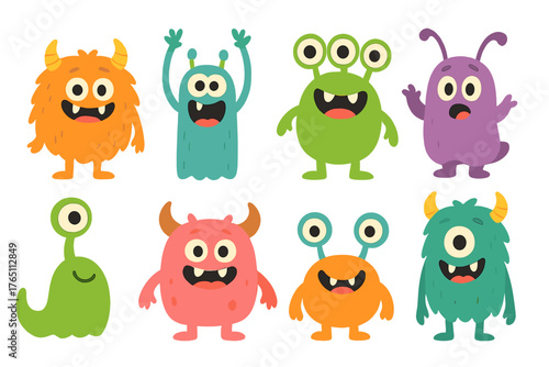 A set of vibrant and humorous monster characters, each boasting distinct expressions and traits, ideal for children's illustrations