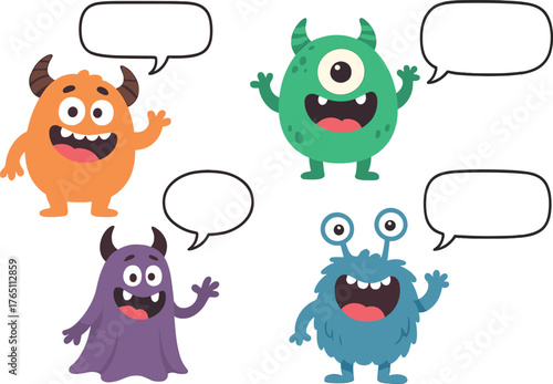 A collection of humorous cartoon monsters featuring speech bubbles, set against a white background with Halloween-themed characters