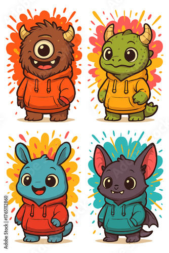 A highly detailed group of baby monsters wearing plain-colored hoodies against vivid, explosive color-bomb backgrounds, featuring cute and adorable animals in digital art