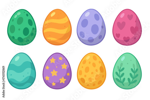 A collection of cartoon vector illustrations featuring cute, colorful dinosaur eggs, decorated like Easter icons, with whimsical Jurassic monster or snake-shaped oval nests adorned in various