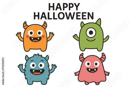 Line drawing of cute monsters in colorful silhouettes for a happy Halloween, featuring kawaii cartoonish boo characters with varied faces, teeth, eyes, horns, and hands, in a childish style and flat