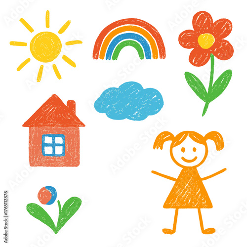 Set of kids' doodles: hand‑drawn pencil sketches and children's scribbles featuring a child's house, flowers, sun, rainbow, and other naive, childlike images, rendered as flat vector illustrations on