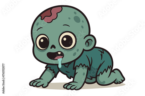Cute yet creepy, a baby zombie crawls with big eyes, drooling, wearing a tattered onesie