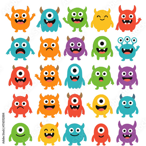 A large monster icon collection featuring a cheerful Halloween theme, a playful colorful silhouette, a cute kawaii baby cartoon character with eyes, horns, teeth, fangs, and tongue, hands raised and