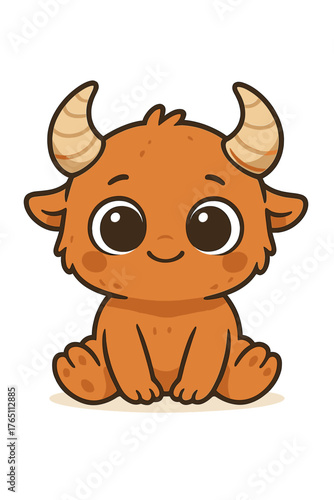 Adorable infant monster, sporting horns and large eyes, perched on a stark white background