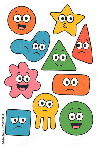 A collection of amusing, eye‑bearing, colorful shapes, cartoon characters, expressive forms, childlike vector elements, and doodle art