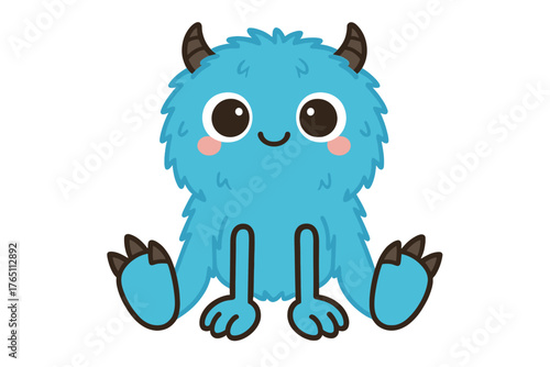 Happy Halloween with monster legs, two long-legged feet with nails, seated monsters, blue fur, a cute kawaii cartoon character, a funny banner, a baby kids collection, flat design, white background