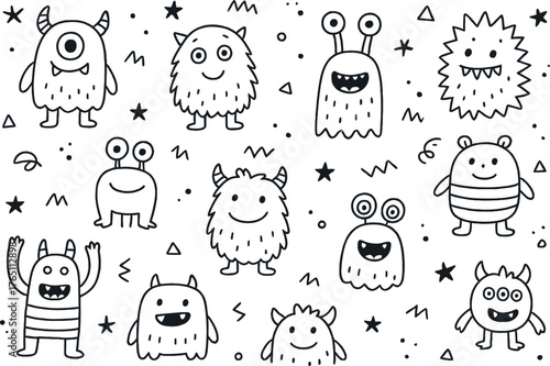 Seamless doodle pattern with sketch monsters for babies, and a funny vector print of naive monsters for kids' textiles