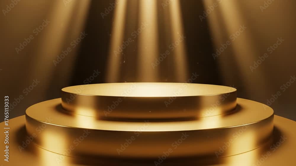 Podium dourado redondo de três níveis em sala preta, iluminado por raios de luz do topo, estético e luxuoso.