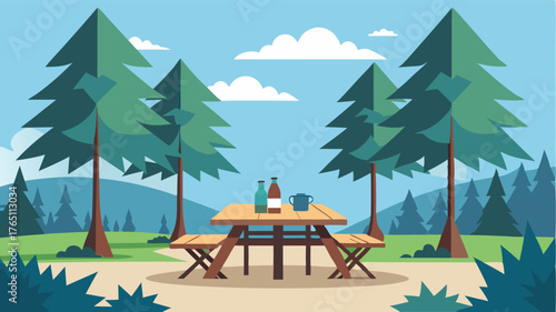 A peaceful picnic area shaded by towering pine trees providing a peaceful spot to enjoy a meal while taking in the idyllic surroundings of the country park.