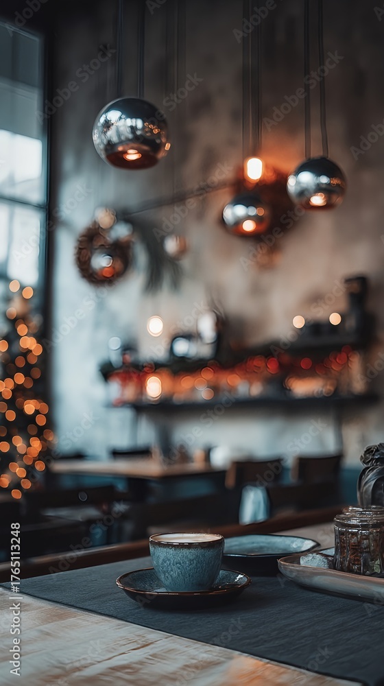 Fototapeta premium Cup of coffee on a rustic wooden table in a cafe for phone wallpaper