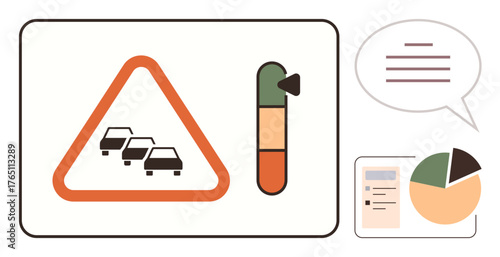Triangle with cars symbolizing traffic, congestion meter, speech bubble, pie chart, and document. Ideal for transportation, data tracking, urban planning, communication analysis management simple