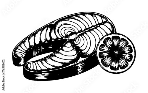 A salmon steak with sliced lemon, featuring bold outlines and a classic food art style.