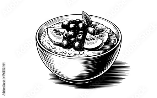 a breakfast bowl filled with oatmeal, topped with blueberries and kiwi slices, perfect for food art concepts.