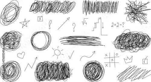 Set of hand-drawn doodles of a sketchy circle object. Tangled circular doodle. Hand drawn doodle vector illustration.