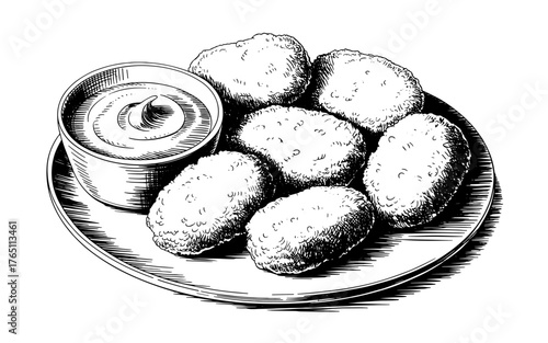 a plate filled with chicken nuggets beside a small dipping sauce bowl, symbolizing fast food, flavor, and comfort eating.