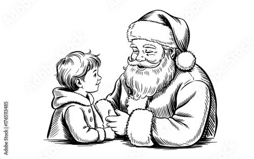 Santa Claus warmly talking to a young child, symbolizing Christmas spirit, kindness, family, and holiday joy.