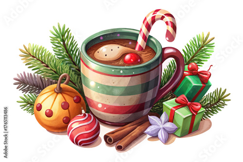 Cozy hot chocolate mug, candy cane, pine sprig, and Christmas ornament on white background, holiday comfort