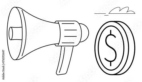 Megaphone highlights message amplification beside coin representing monetary value. Ideal for advertising, communication, marketing strategy, branding, promotion, business growth, finance campaigns