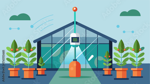 A greenhouse equipped with technology for automated fertilization using sensors to measure the exact nutrient levels of soil and adjust fertilizer accordingly.. Vector illustration