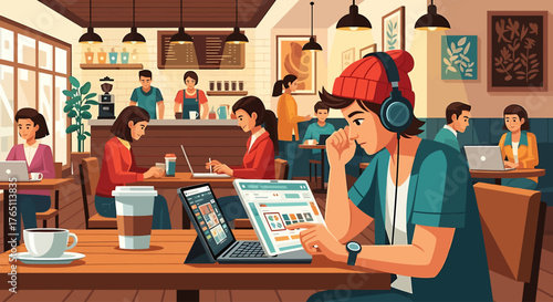 Flat vector illustration of a digital nomad embracing remote work and a modern digital lifestyle