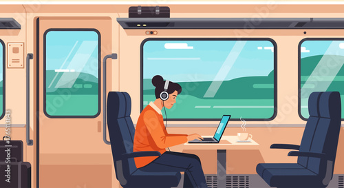 A digital nomad enjoying remote work and a modern travel lifestyle, a flat vector illustration of online work
