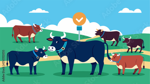 A group of cows wearing digital tracking collars allowing the farmer to monitor their movements and grazing patterns remotely.. Vector illustration