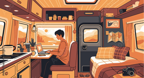 Digital nomad's freedom remote work and travel from anywhere in a flat vector illustration