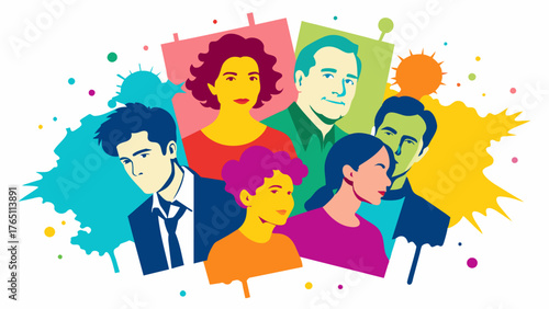 A collage of old family photographs overlaid with splashes of vibrant paint symbolizing the way art can help to preserve and bring back memories of loved ones.. Vector illustration