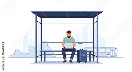 Digital Nomad Working Remotely on Laptop at Bus Stop with Suitcase, Freelancer Travel Work Anywhere Illustration