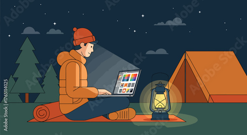 Flat vector illustration Digital nomad freelancer embracing remote online work from anywhere