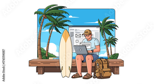 Digital nomad remote work Freelancer travel work from anywhere flat vector illustration tropical lifestyle coworking