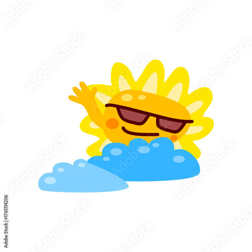 Cheerful Cartoon Sun Wearing Sunglasses Peeking Over Clouds in Bright Sunny Day Illustration