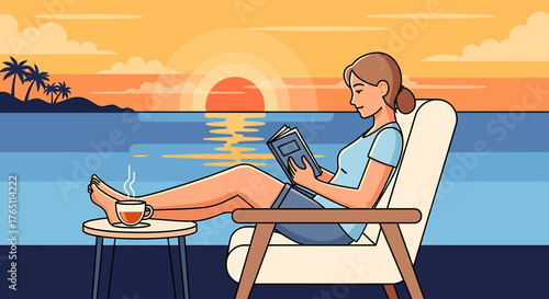 Flat vector illustration of a freelancer enjoying the freedom of a tropical lifestyle, working from anywhere. A digital nomad's modern travel and online work, embracing the digital lifestyle