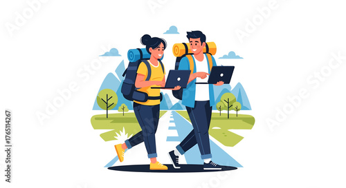 Digital nomads embracing remote work and travel, a flat vector illustration of freelancers with laptops enjoying nomadic life freedom