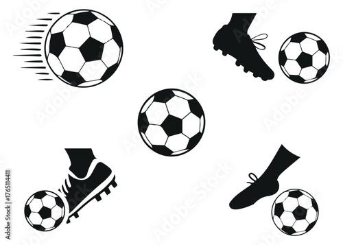 Soccer Ball and Football Boots Silhouette Vector Set . Minimal Black & White Sports Icons for Logo, Poster, or Team Design