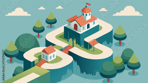 A rooftop retreat with winding pathways and hidden corners to explore.