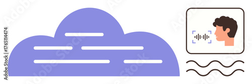 Cloud with horizontal lines, user icon speaking into a speech recognition interface. Ideal for AI, voice assistant, cloud computing, data storage, sound analysis, productivity, simple flat metaphor